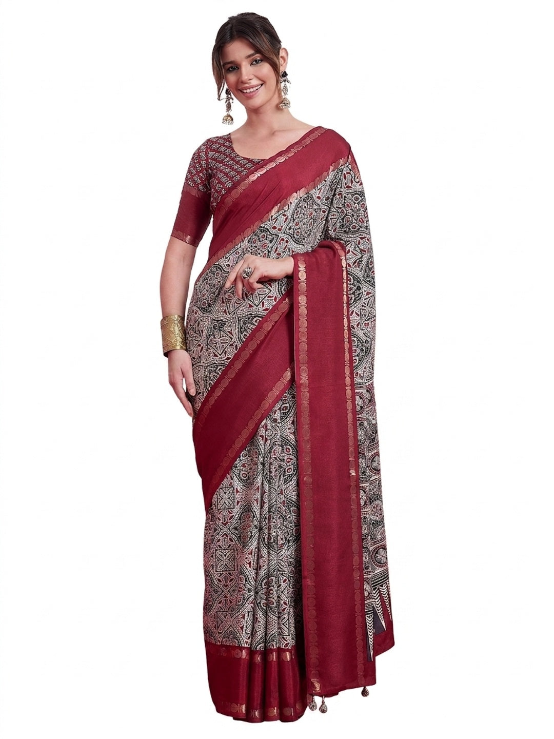 Peachmode Red Semi Modal Saree with Mirror Work - Image 9