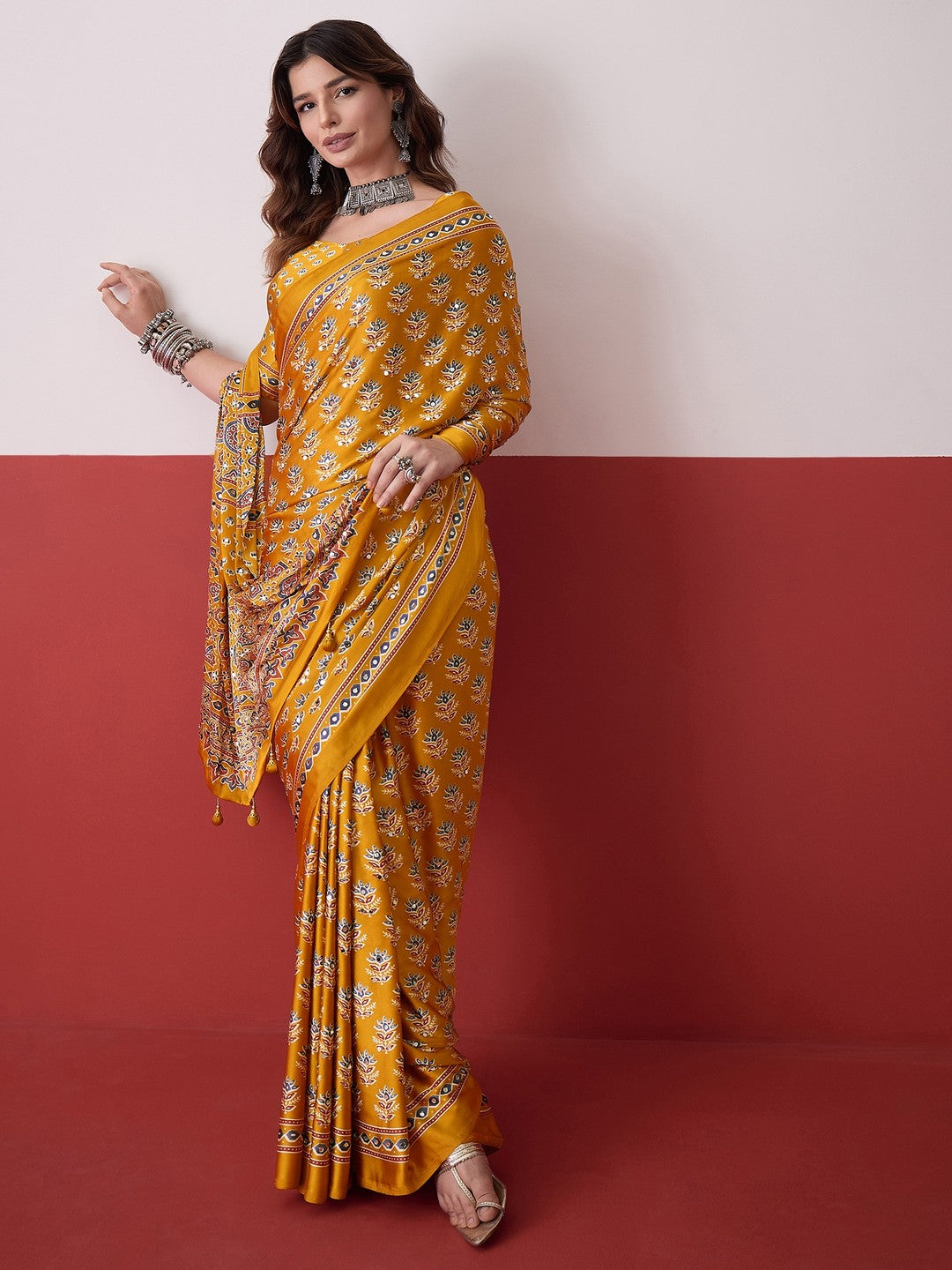 Peachmode Yellow Semi Modal Saree with Mirror Work - Image 5