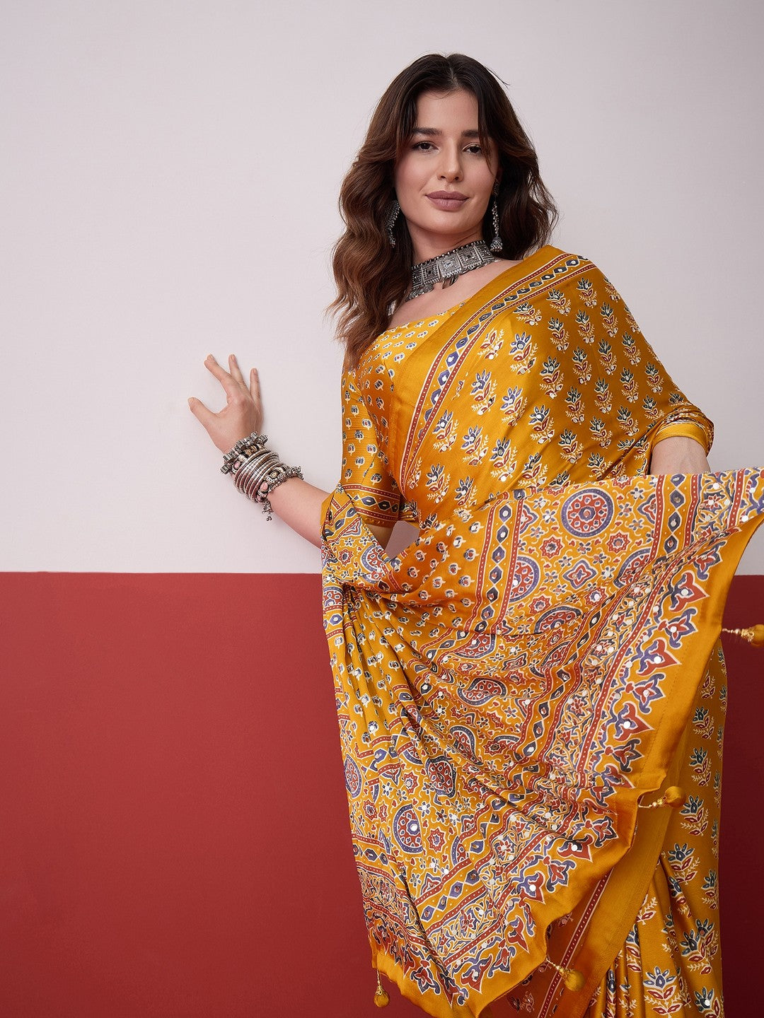 Peachmode Yellow Semi Modal Saree with Mirror Work - Image 6