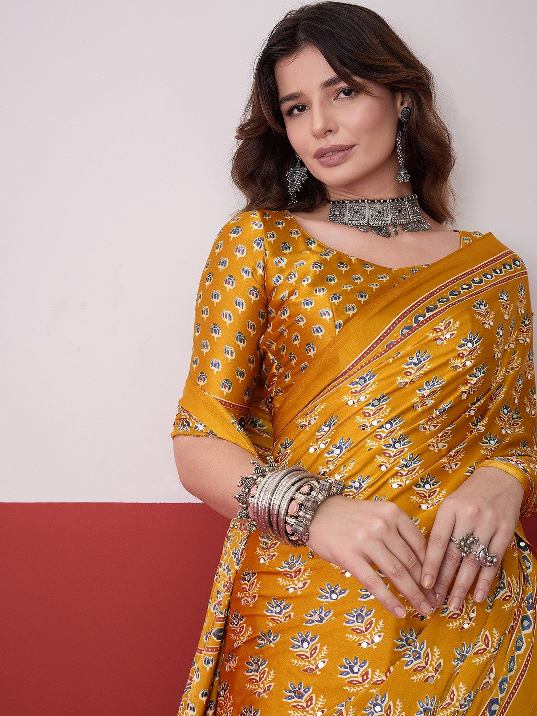 Peachmode Yellow Semi Modal Saree with Mirror Work - Image 7