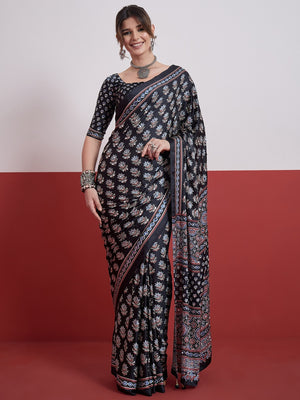 Peachmode Black Semi Modal Saree with Mirror Work - Image 1