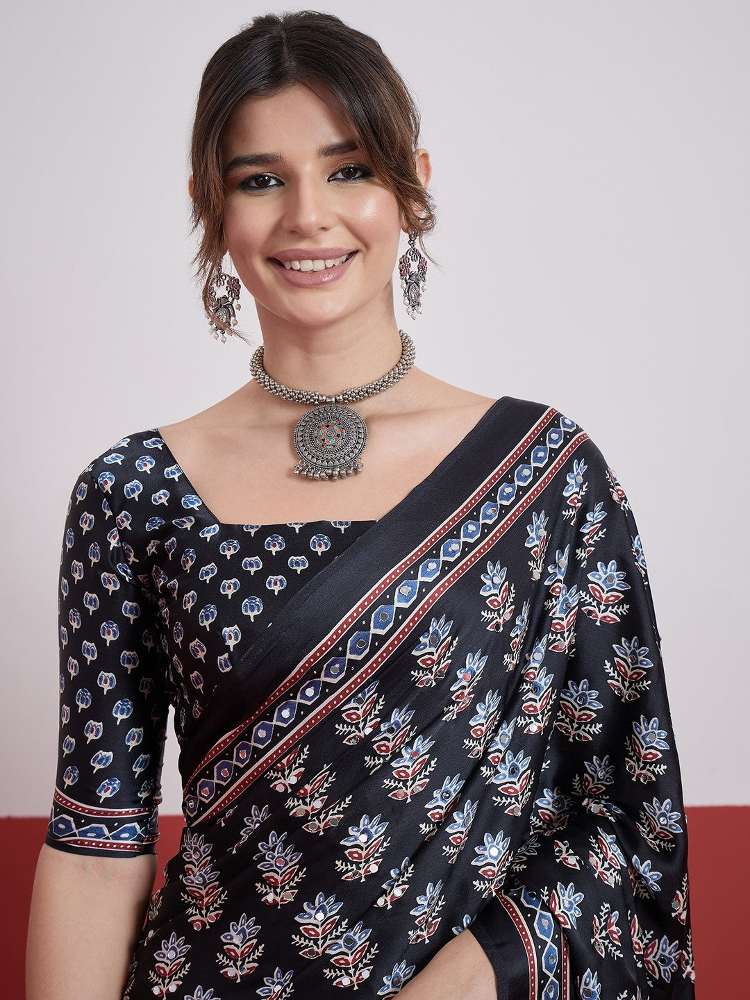 Peachmode Black Semi Modal Saree with Mirror Work - Image 7