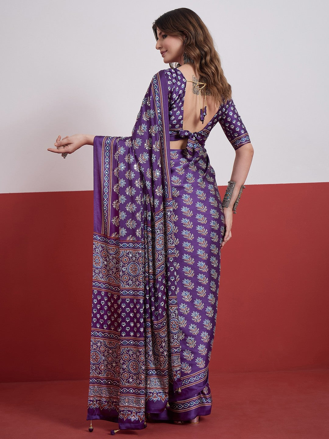 Peachmode Purple Semi Modal Saree with Mirror Work - Image 3