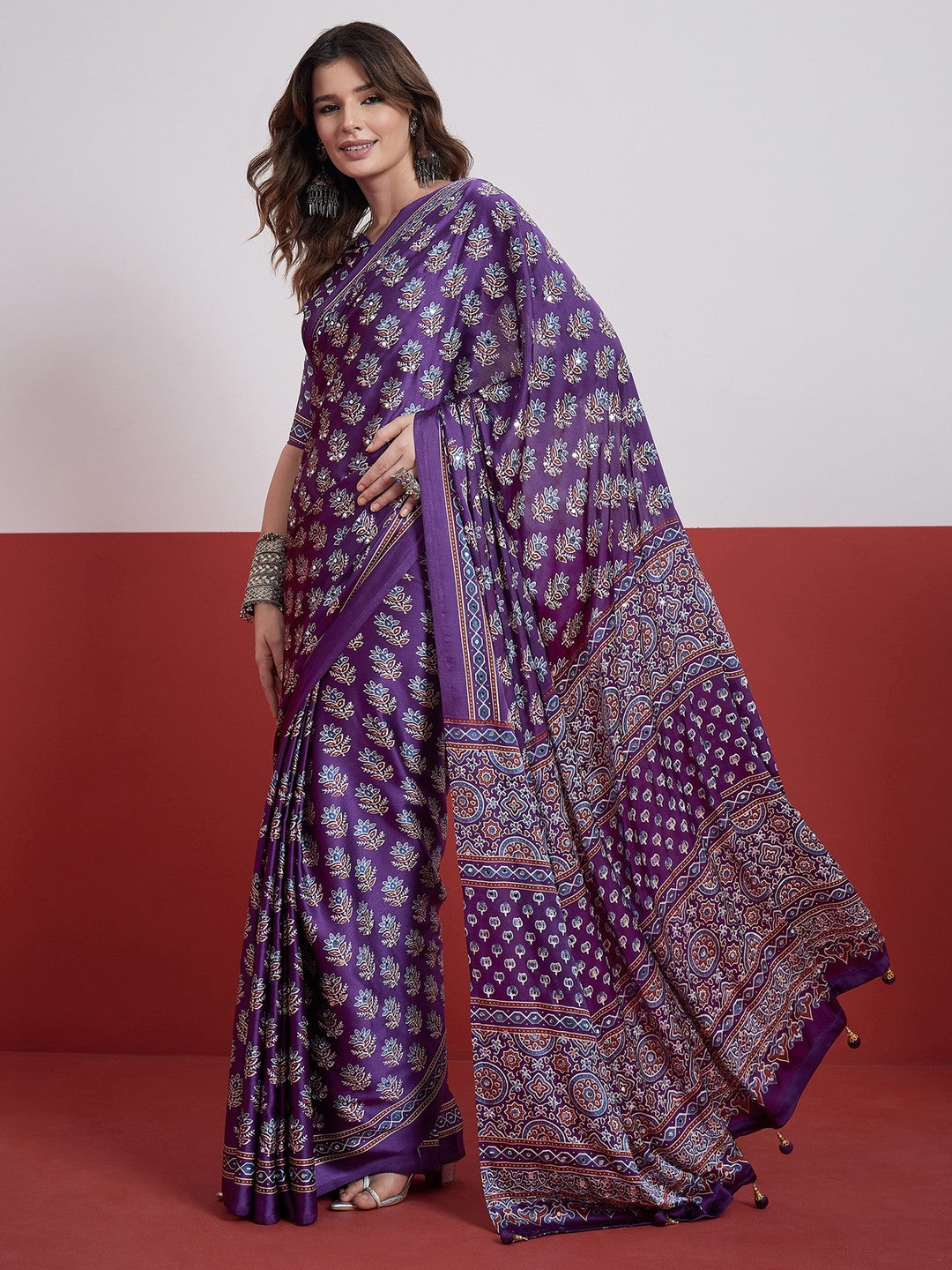 Peachmode Purple Semi Modal Saree with Mirror Work - Image 4