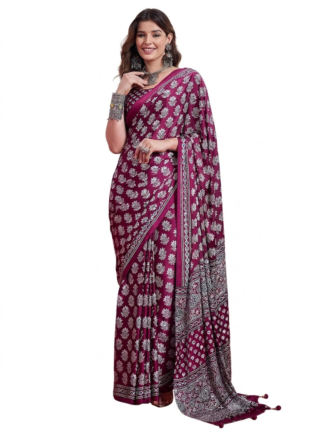 Peachmode Wine Semi Modal Saree with Mirror Work - Image 9