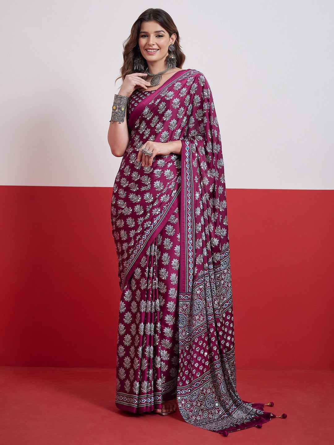 Peachmode Wine Semi Modal Saree with Mirror Work - Image 1