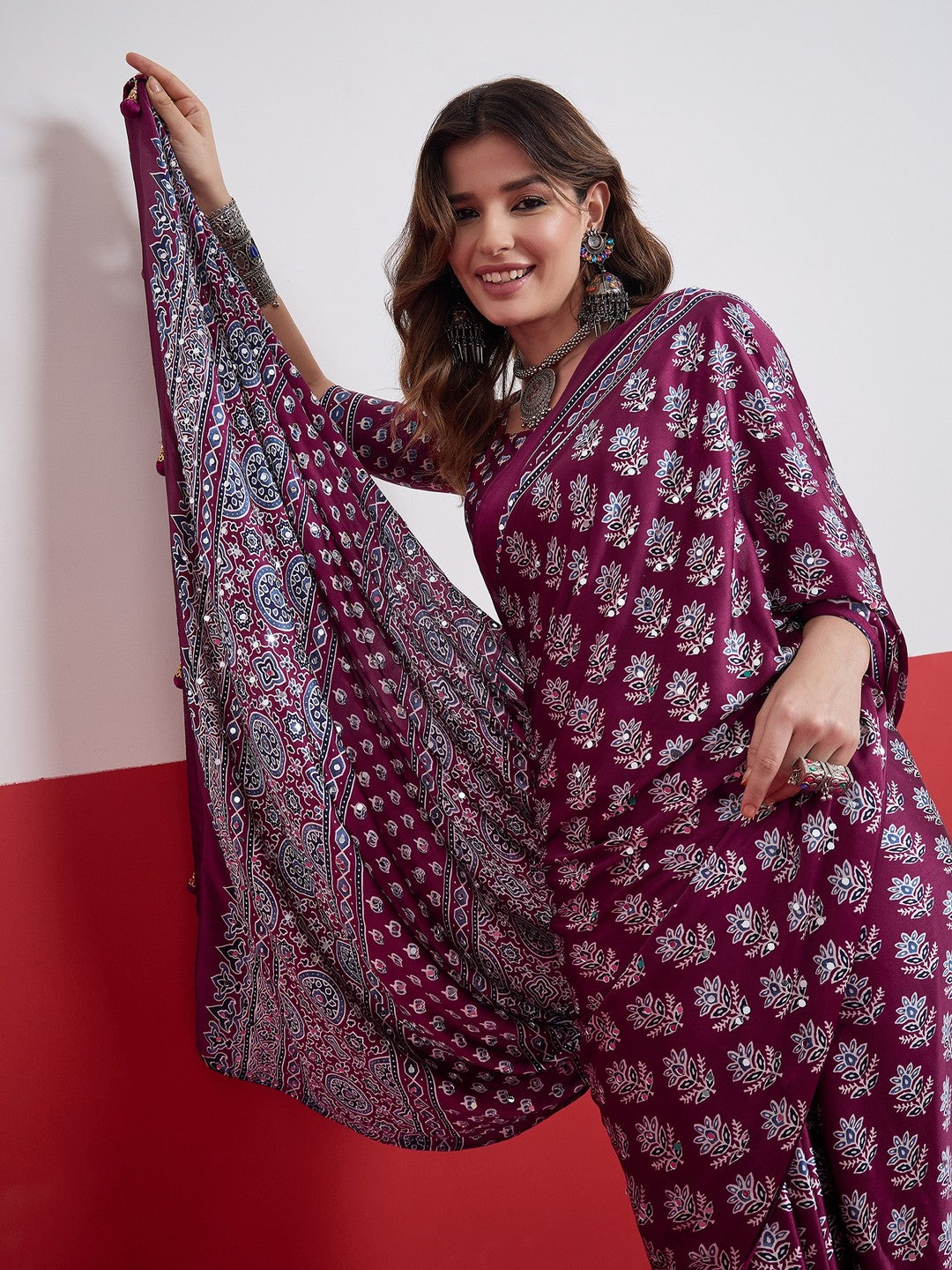Peachmode Wine Semi Modal Saree with Mirror Work - Image 6
