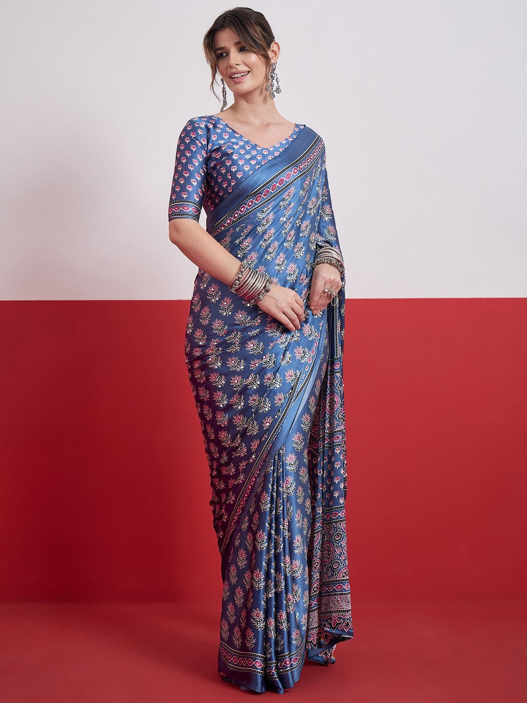 Peachmode Blue Semi Modal Saree with Mirror Work - Image 1