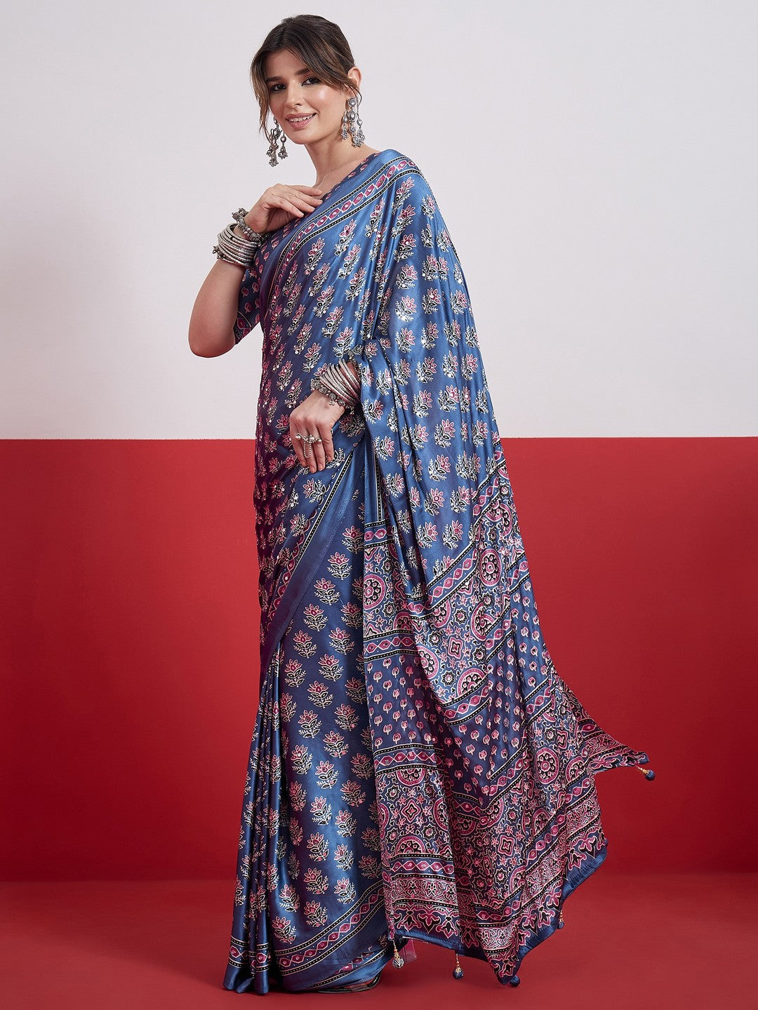 Peachmode Blue Semi Modal Saree with Mirror Work - Image 5
