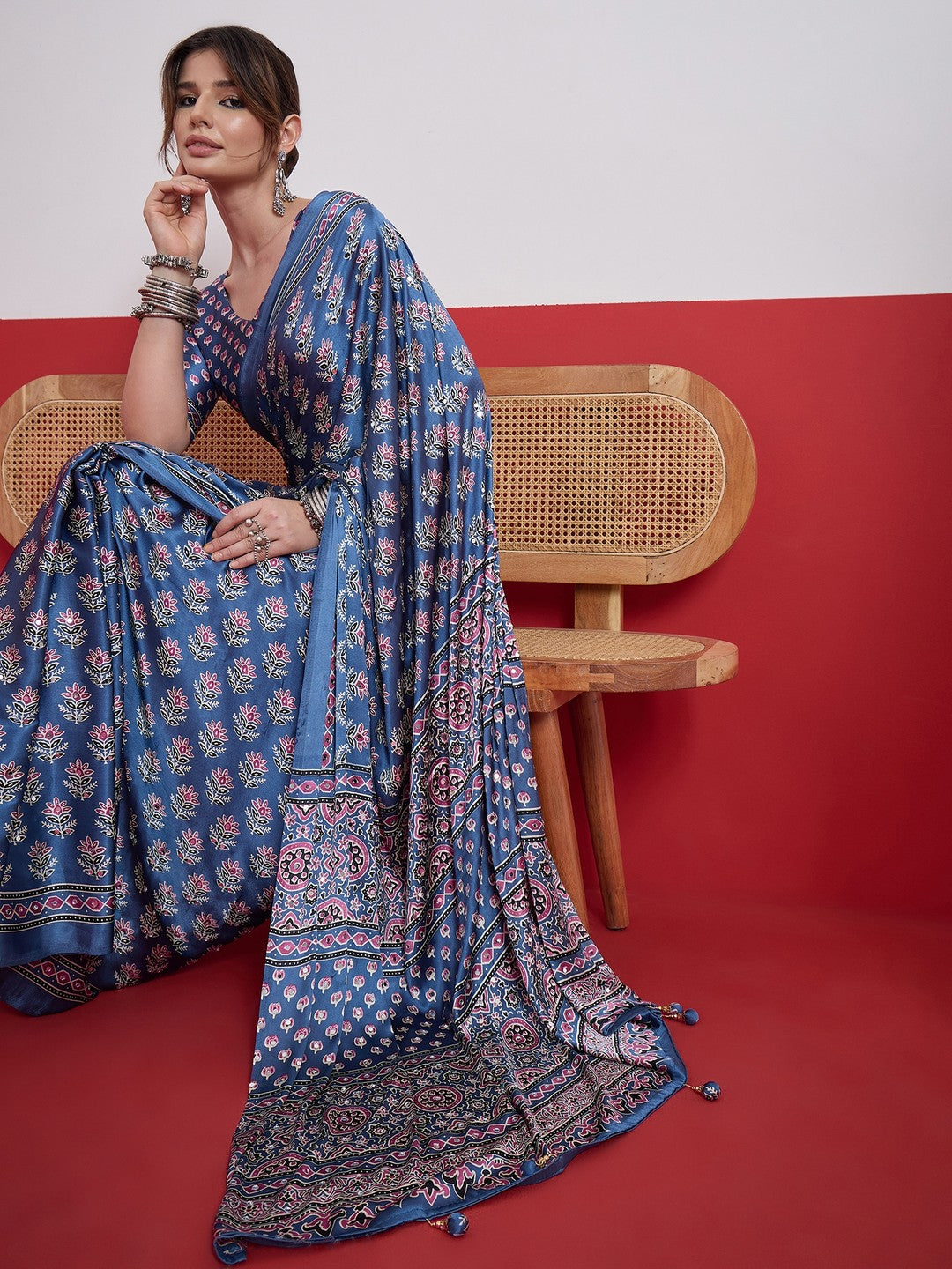 Peachmode Blue Semi Modal Saree with Mirror Work - Image 6