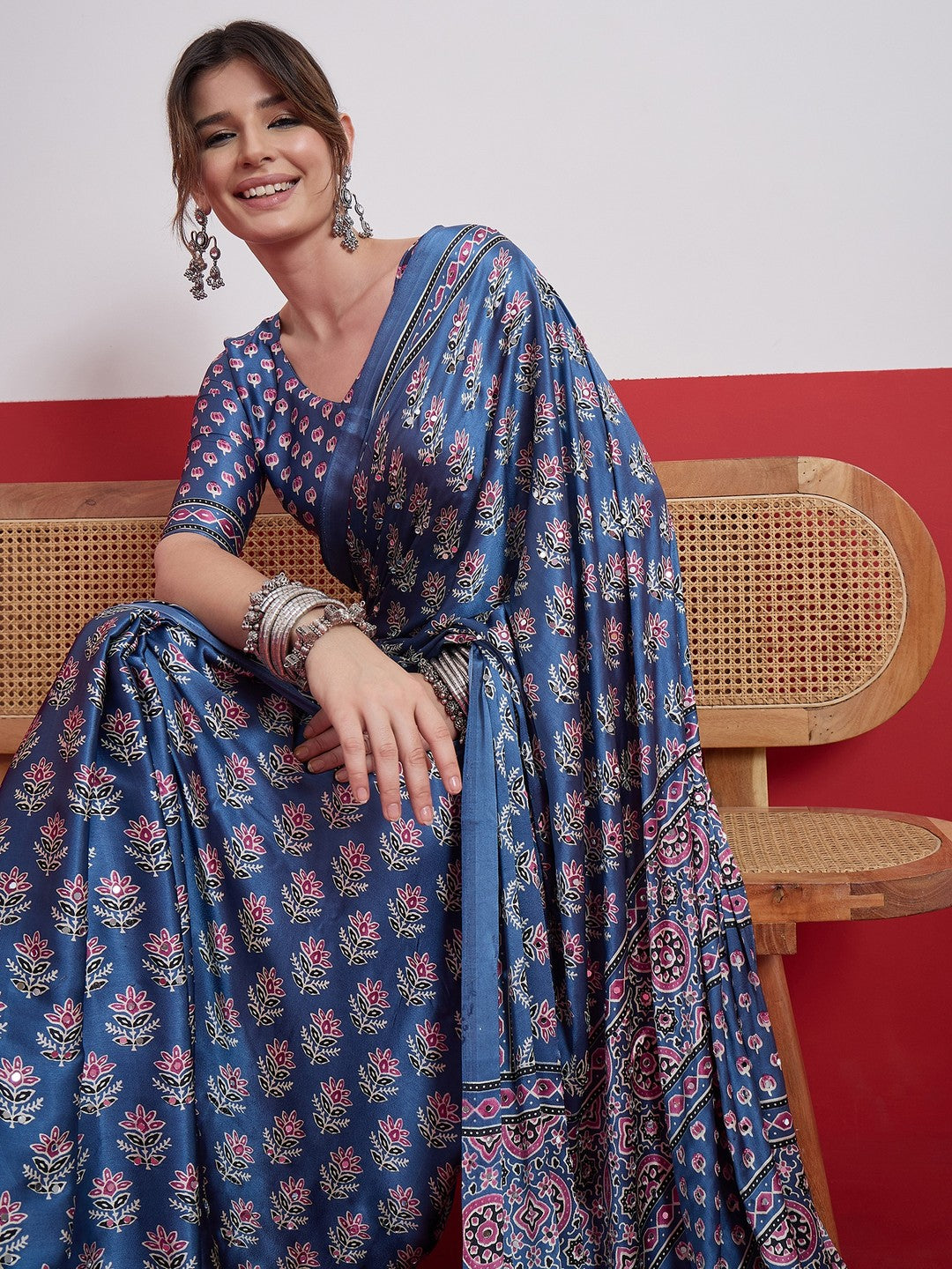 Peachmode Blue Semi Modal Saree with Mirror Work - Image 7