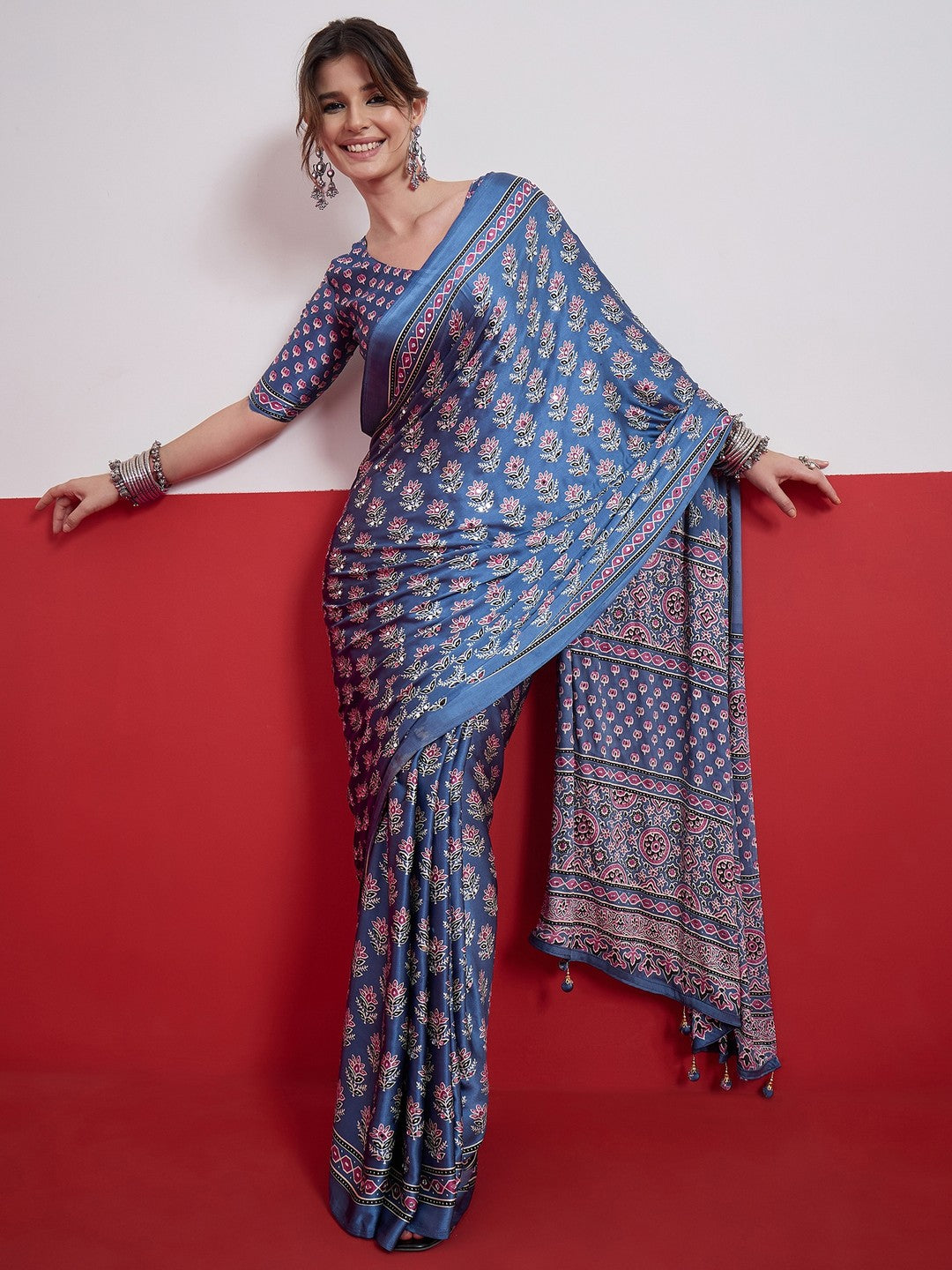 Peachmode Blue Semi Modal Saree with Mirror Work - Image 8
