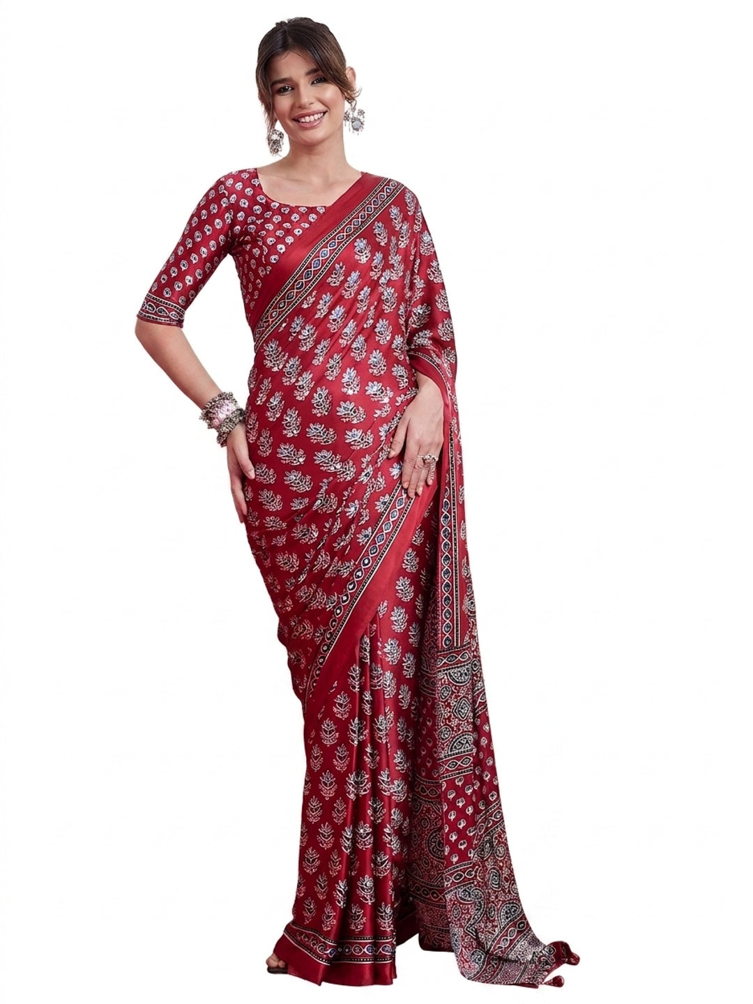 Peachmode Red Semi Modal Saree with Mirror Work - Image 10
