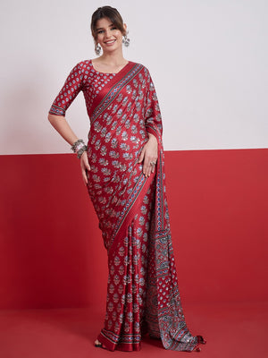 Peachmode Red Semi Modal Saree with Mirror Work - Image 1
