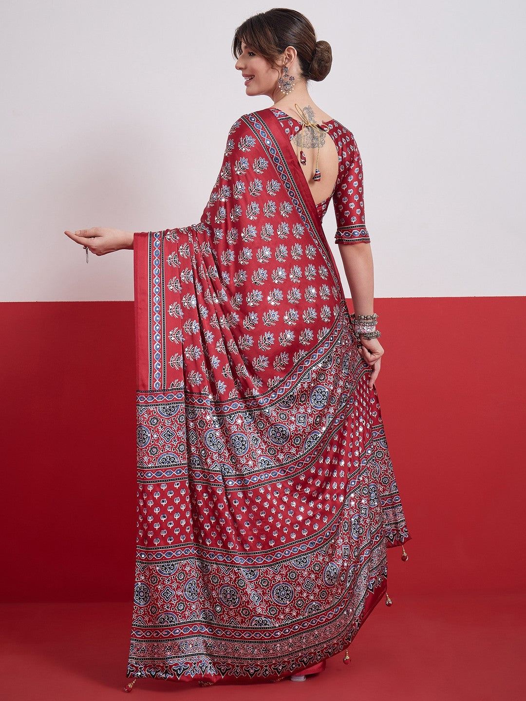 Peachmode Red Semi Modal Saree with Mirror Work - Image 3