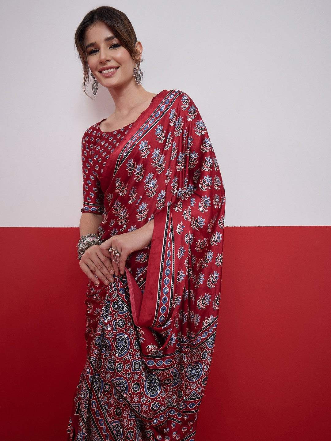 Peachmode Red Semi Modal Saree with Mirror Work - Image 6