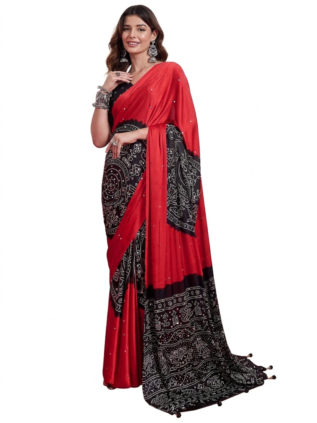 Peachmode Red Semi Modal Saree with Mirror Work - Image 9