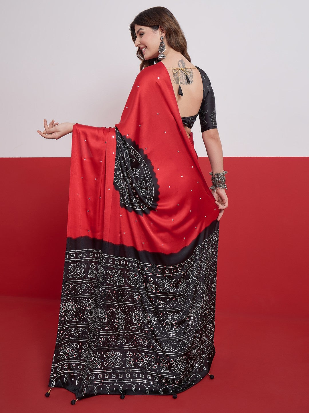 Peachmode Red Semi Modal Saree with Mirror Work - Image 3