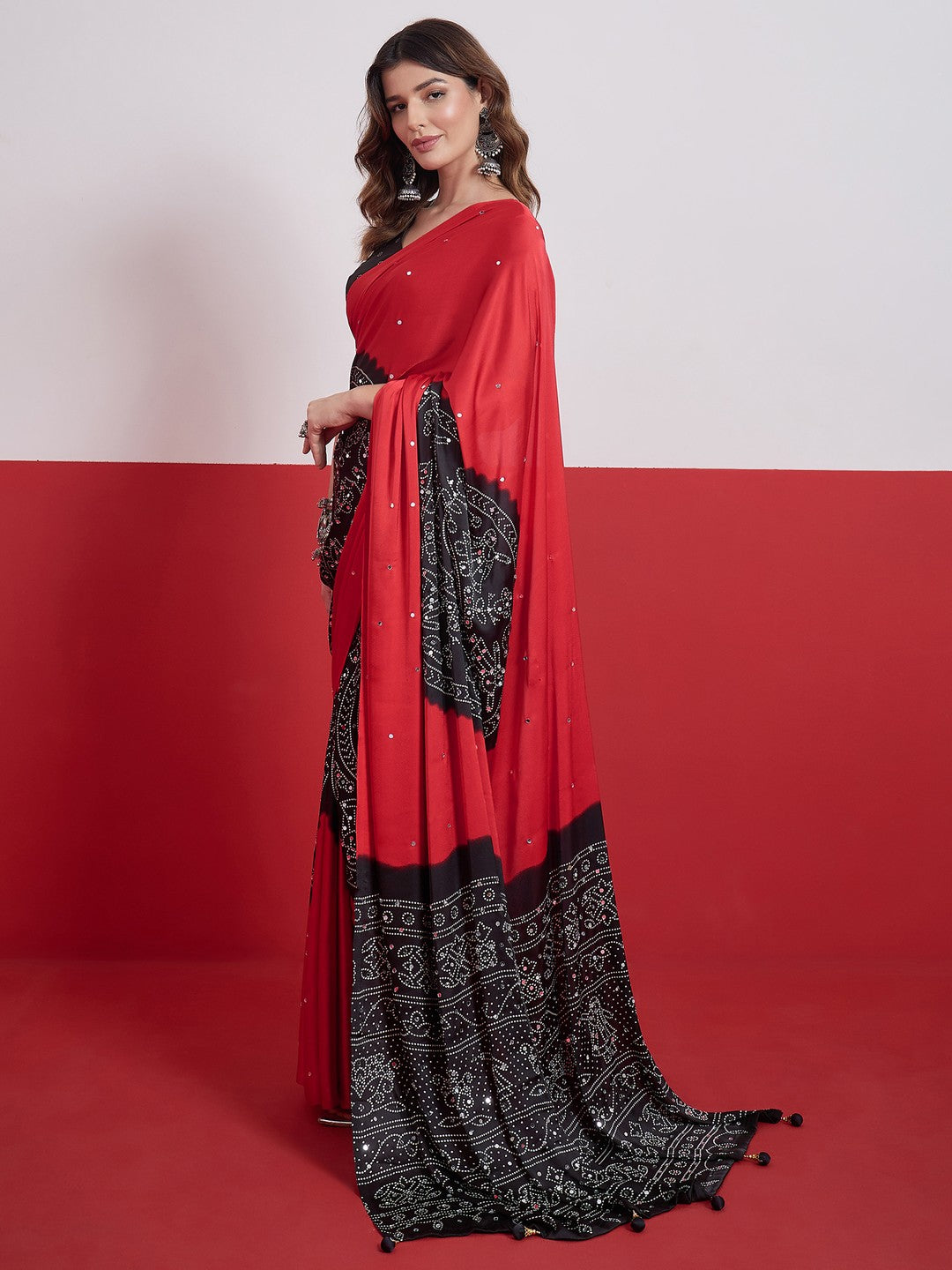 Peachmode Red Semi Modal Saree with Mirror Work - Image 4
