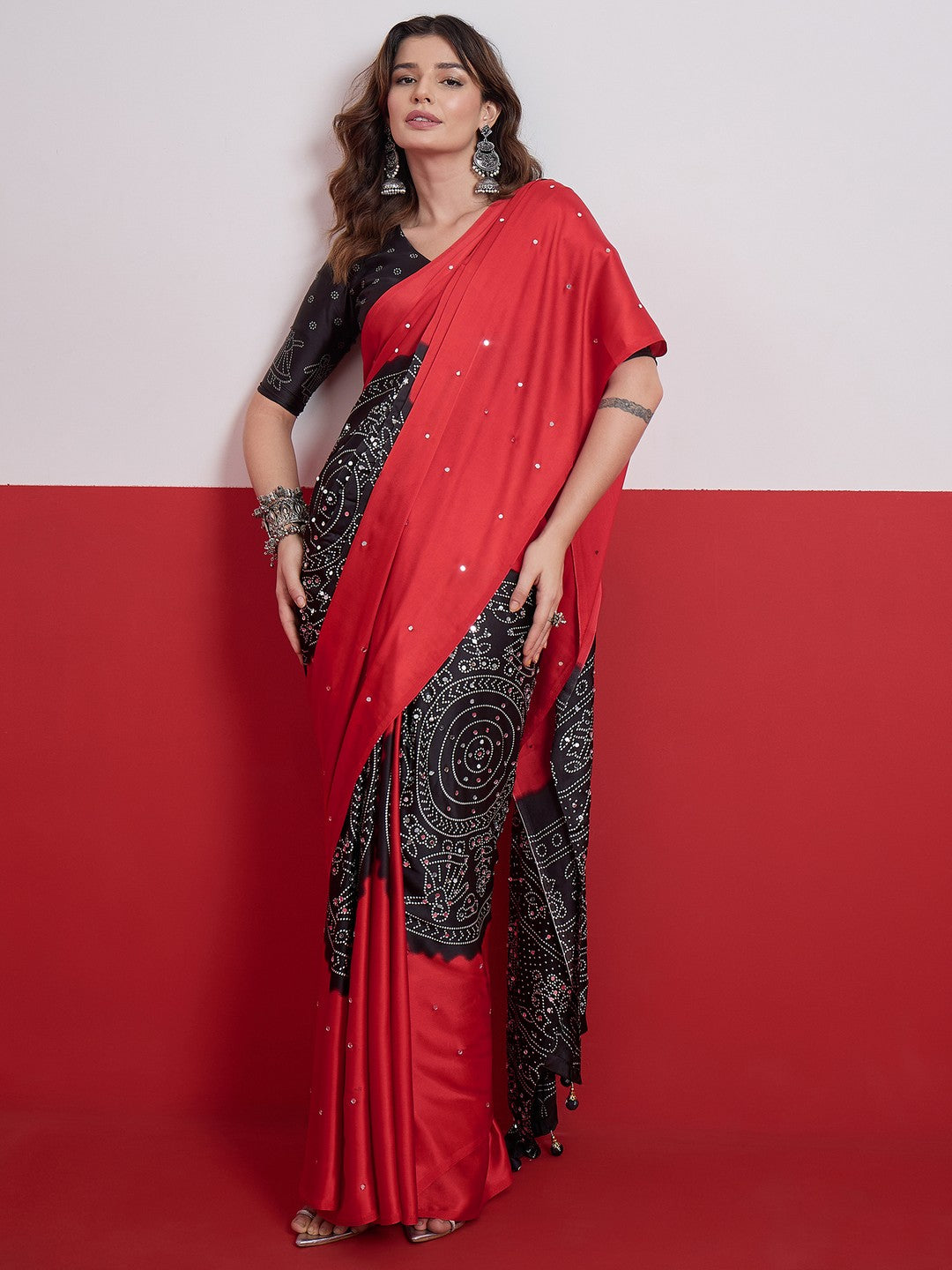 Peachmode Red Semi Modal Saree with Mirror Work - Image 5