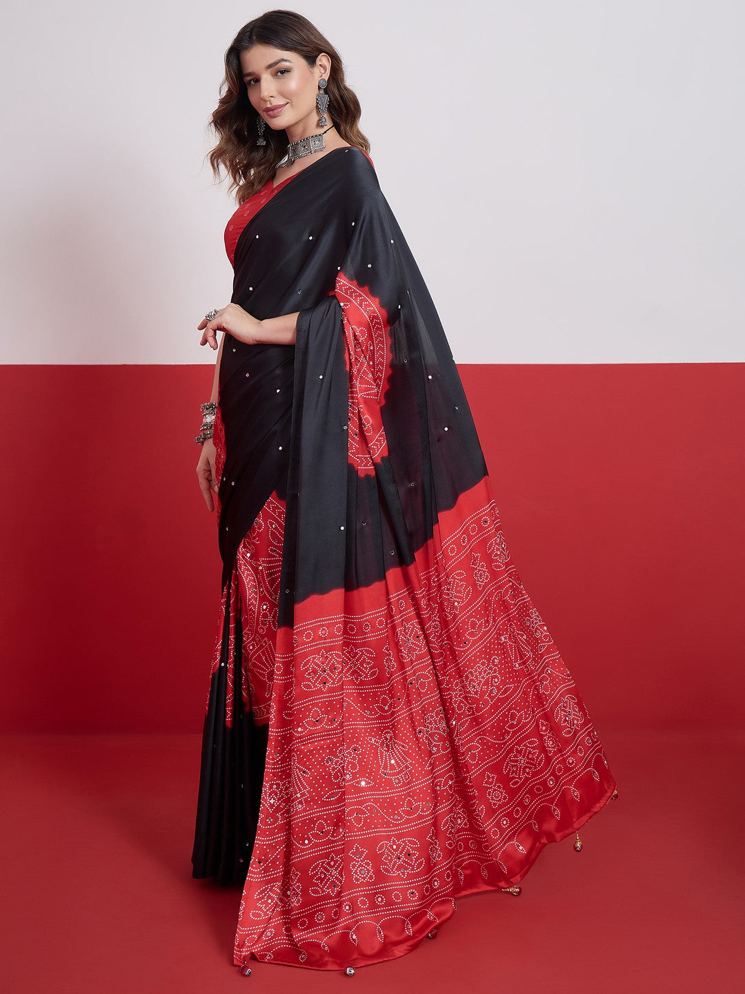 Peachmode Black Semi Modal Saree with Mirror Work - Image 4