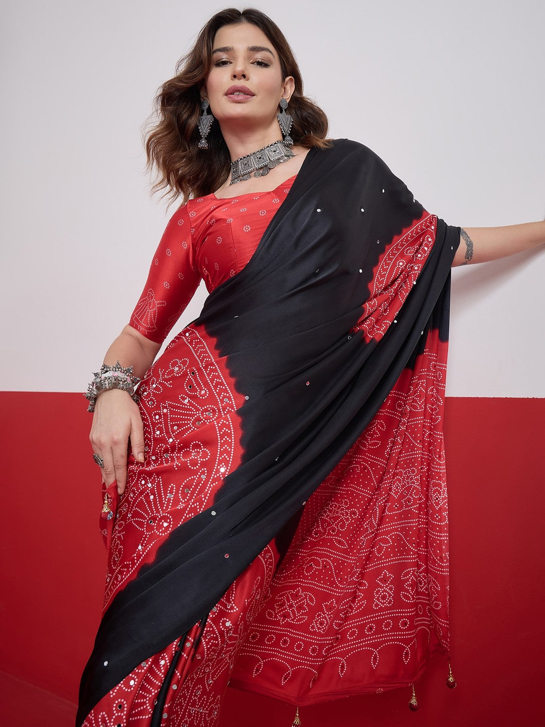 Peachmode Black Semi Modal Saree with Mirror Work - Image 6