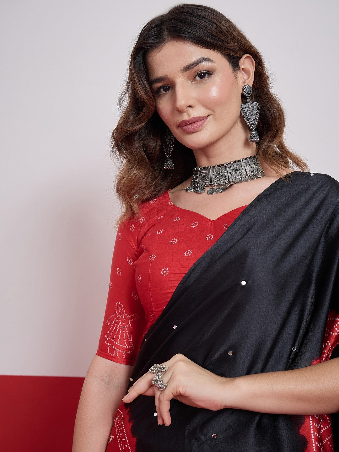 Peachmode Black Semi Modal Saree with Mirror Work - Image 7