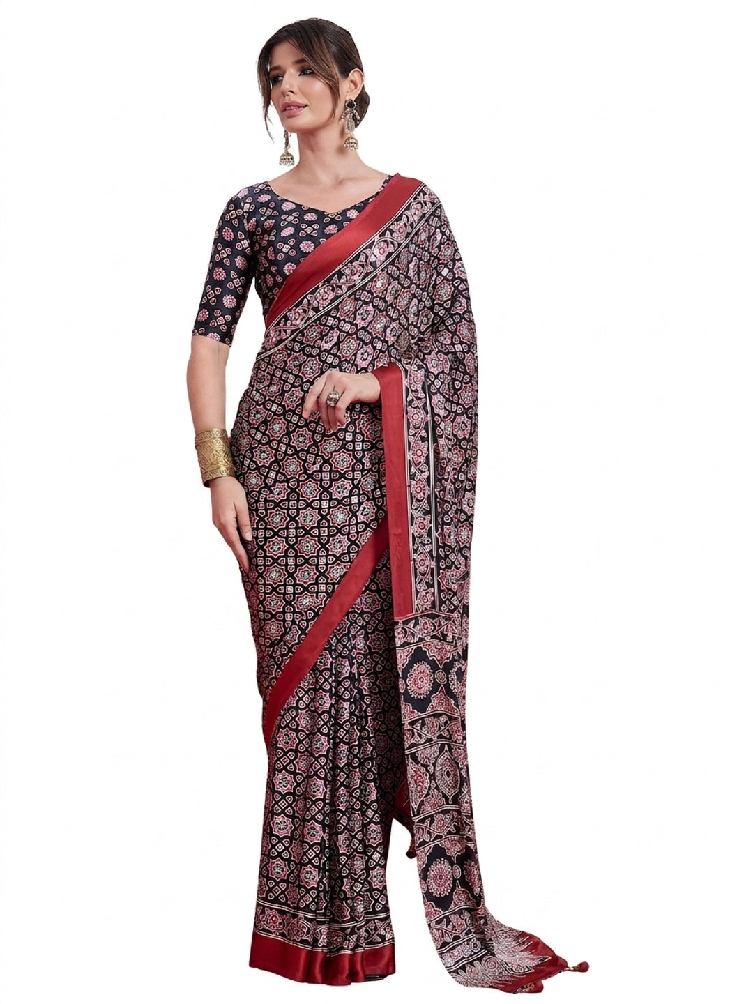 Peachmode Black Semi Modal Saree with Mirror Work - Image 9