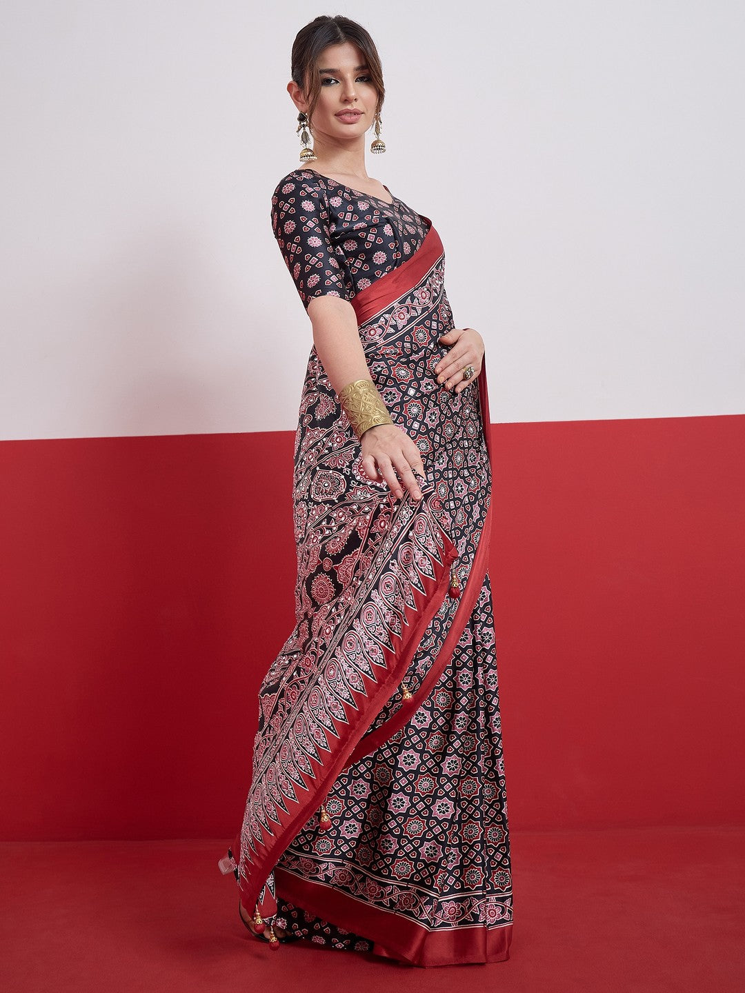 Peachmode Black Semi Modal Saree with Mirror Work - Image 6