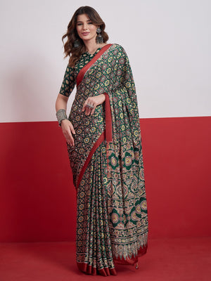 Peachmode Green Semi Modal Saree with Mirror Work - Image 1