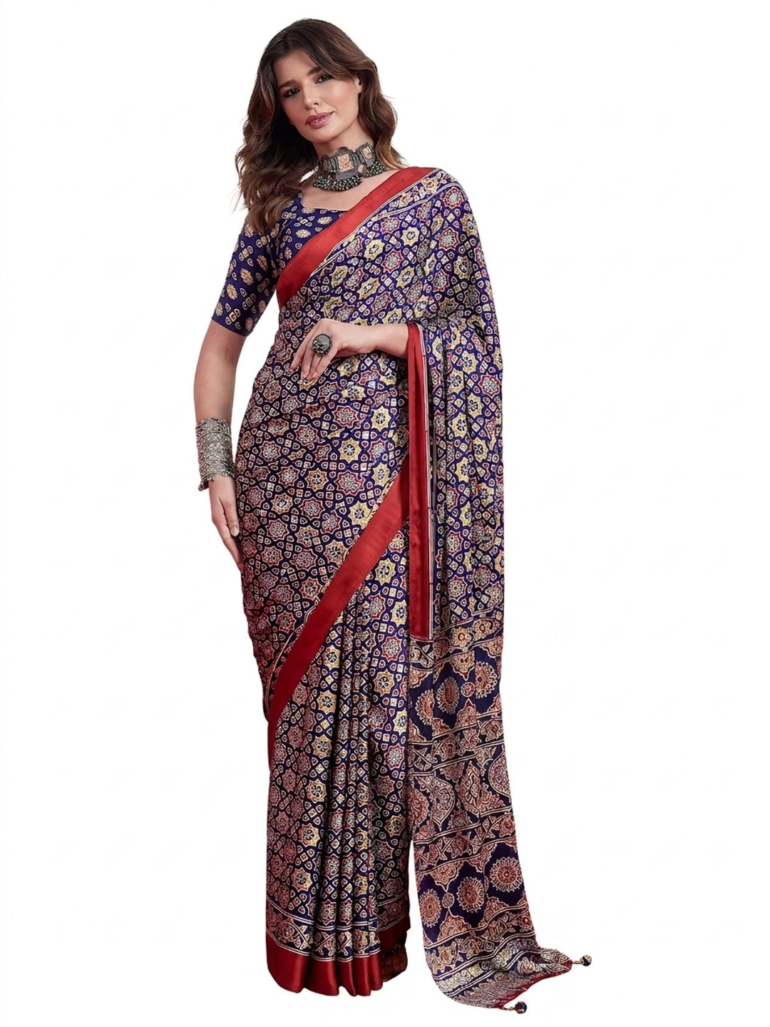Peachmode Blue Semi Modal Saree with Mirror Work - Image 9