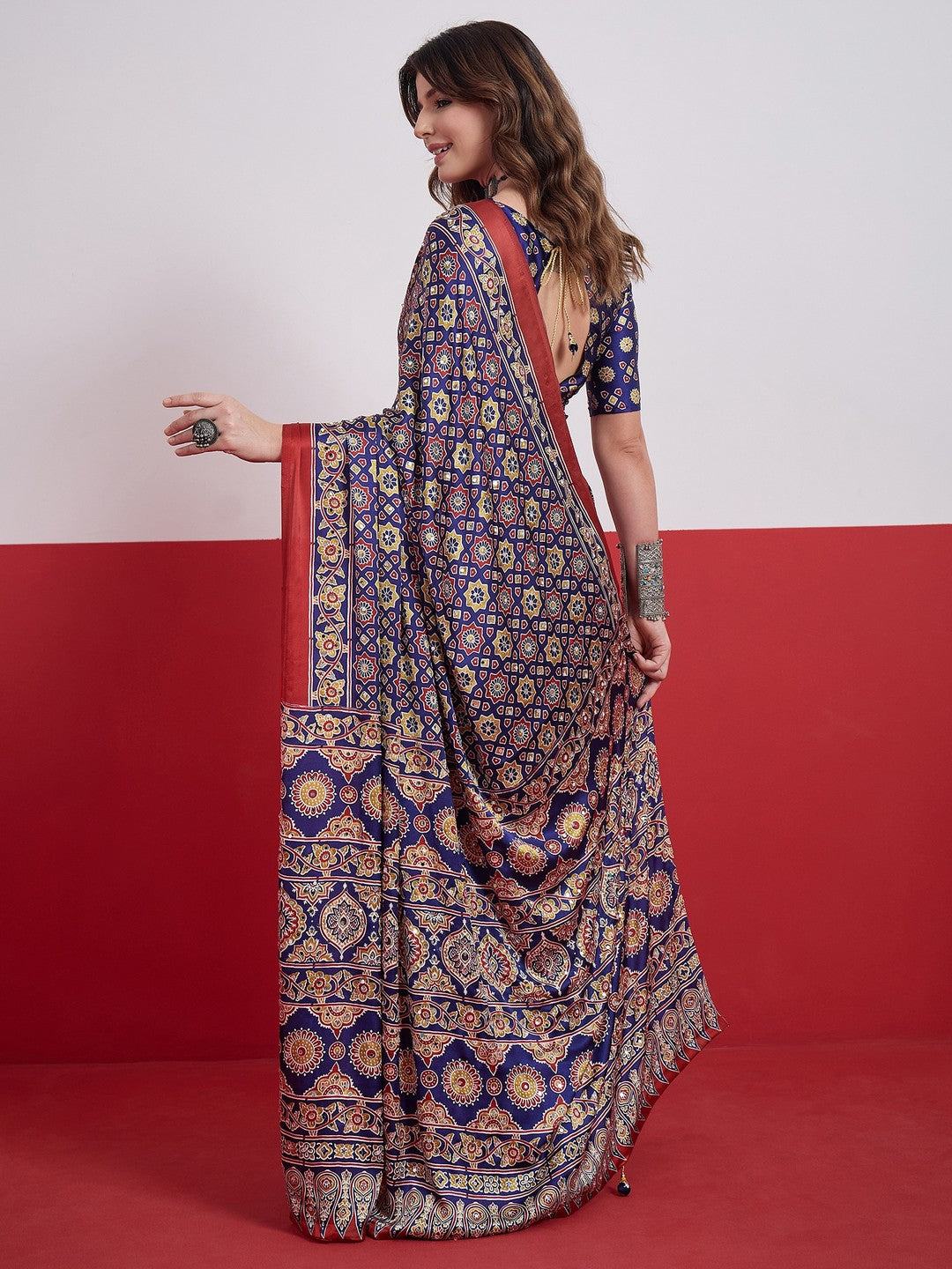Peachmode Blue Semi Modal Saree with Mirror Work - Image 3