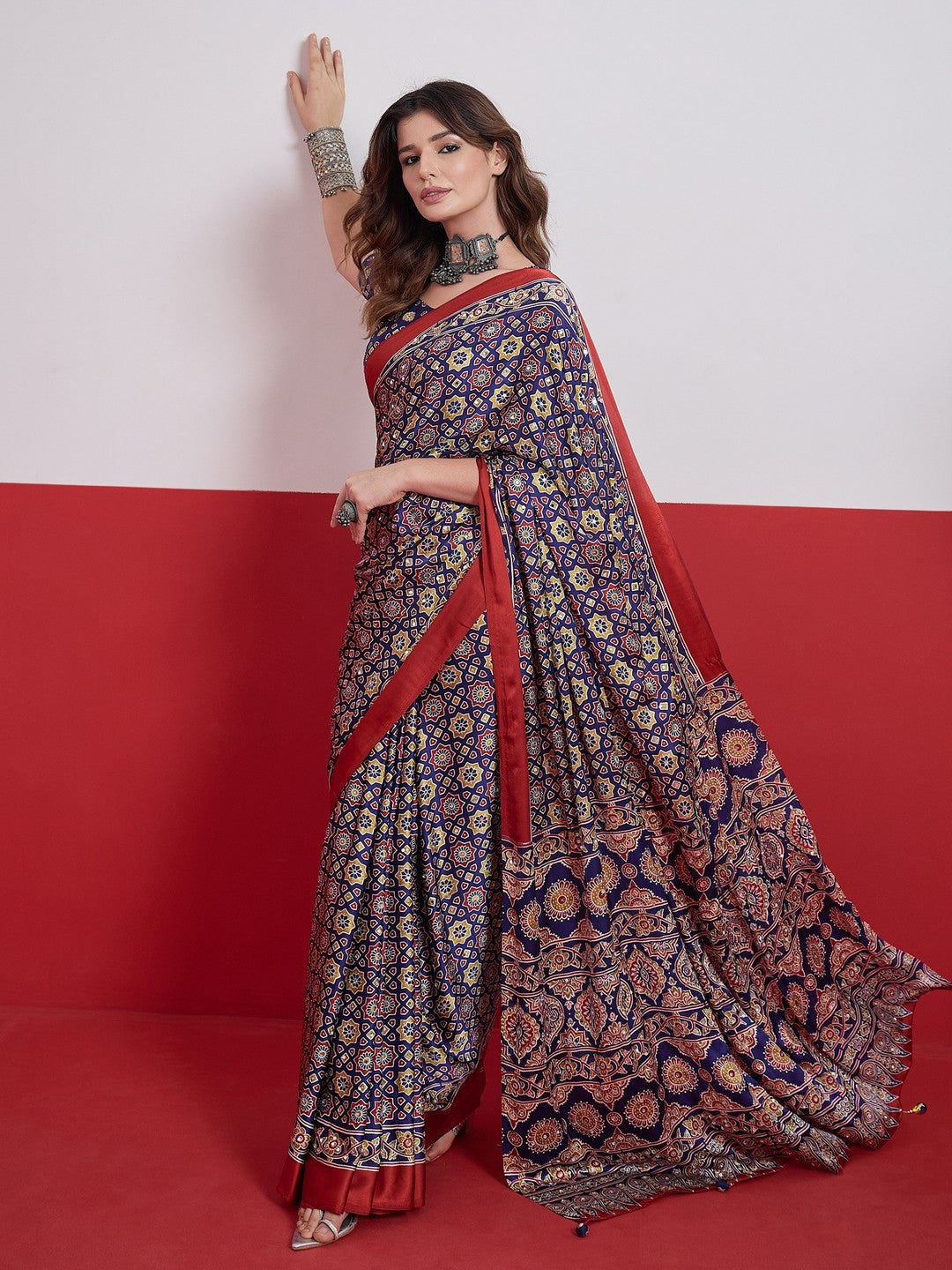 Peachmode Blue Semi Modal Saree with Mirror Work - Image 5