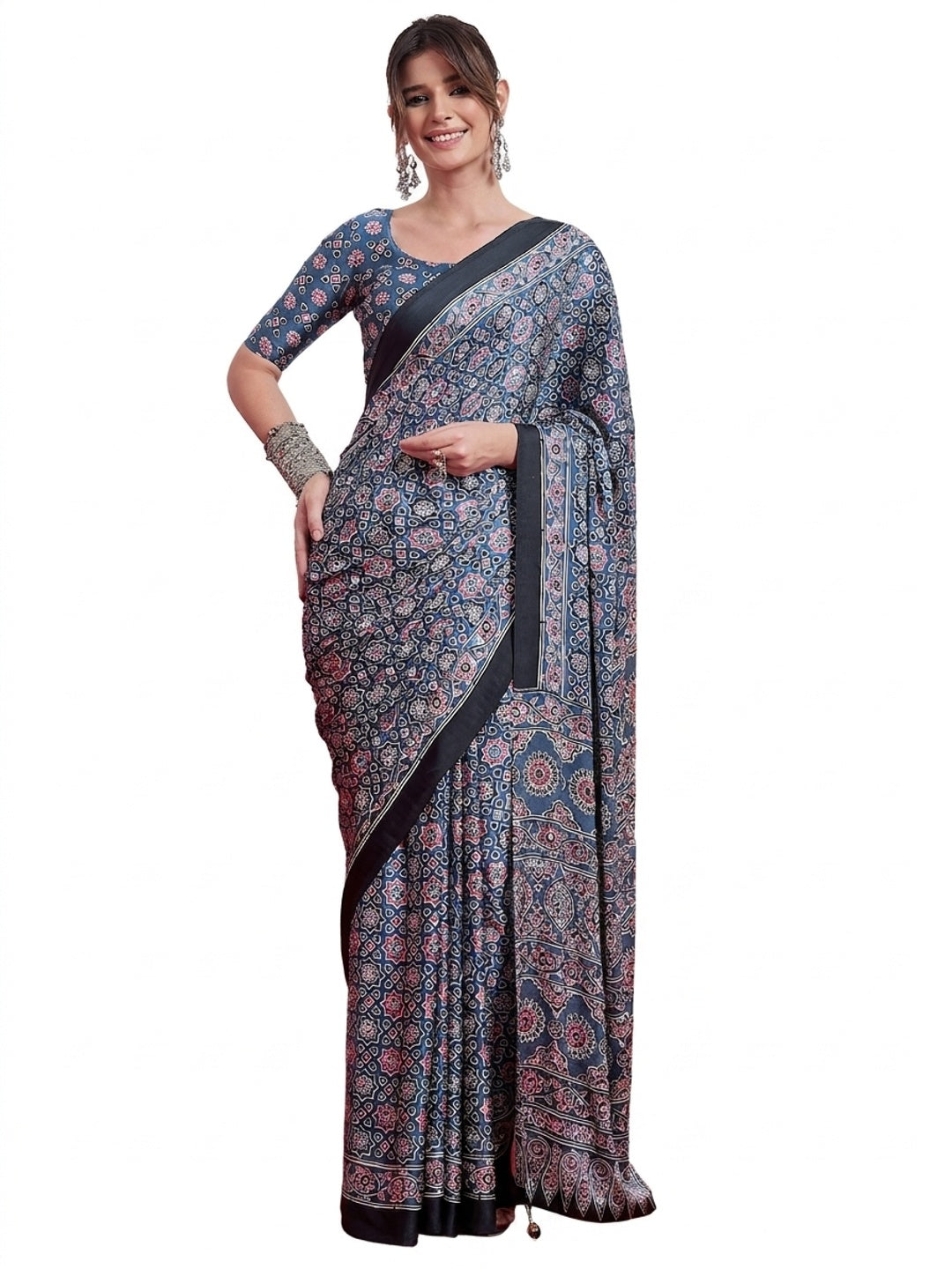 Peachmode Sky Blue Semi Modal Saree with Mirror Work - Image 10