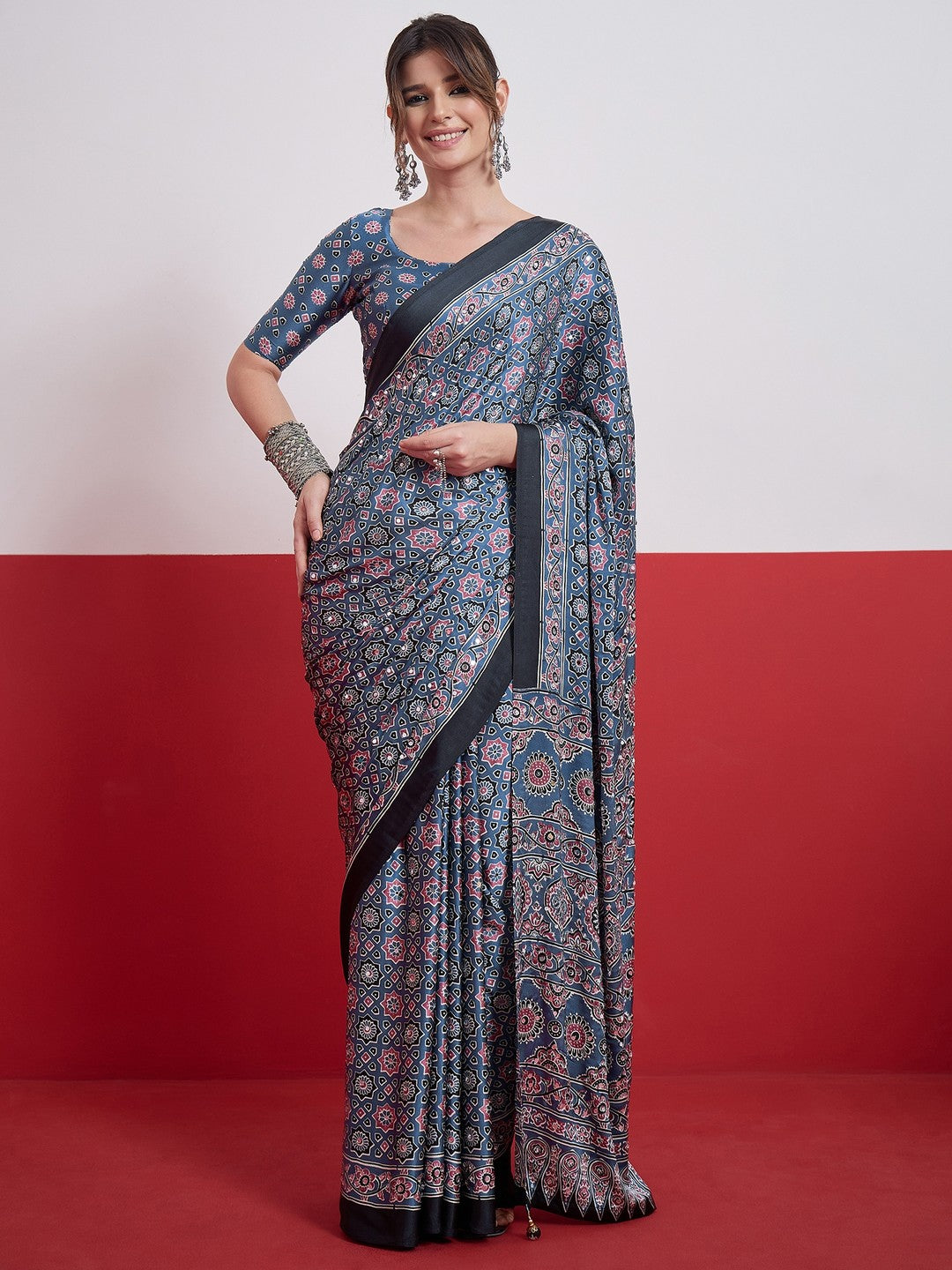 Peachmode Sky Blue Semi Modal Saree with Mirror Work - Image 1