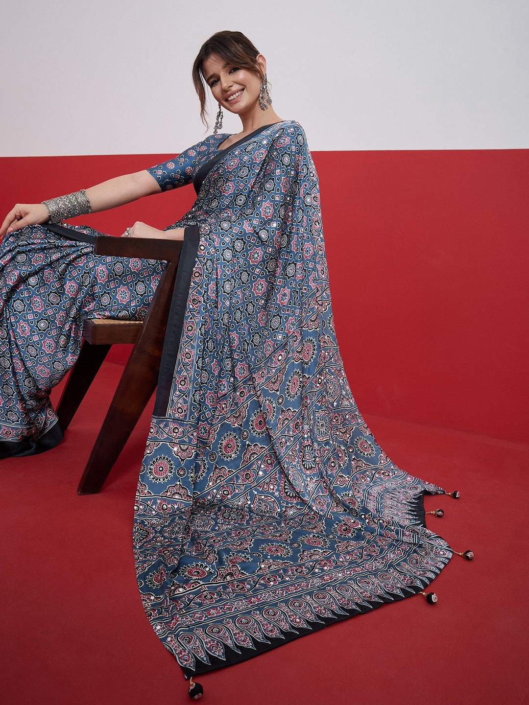 Peachmode Sky Blue Semi Modal Saree with Mirror Work - Image 7