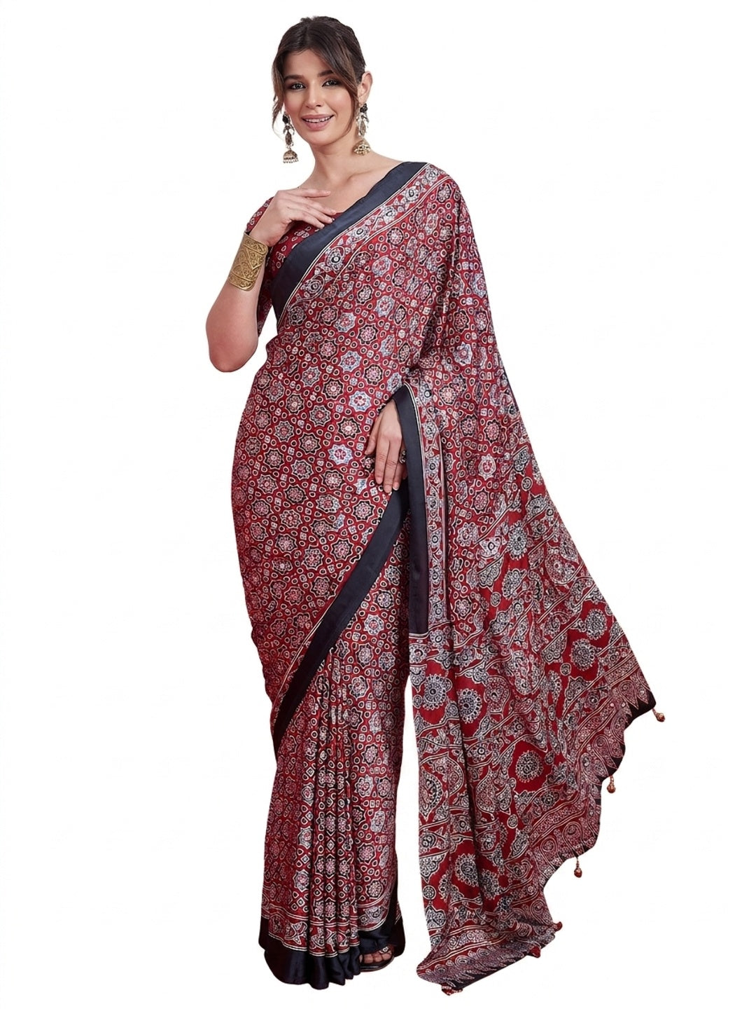 Peachmode Red Semi Modal Saree with Mirror Work - Image 9