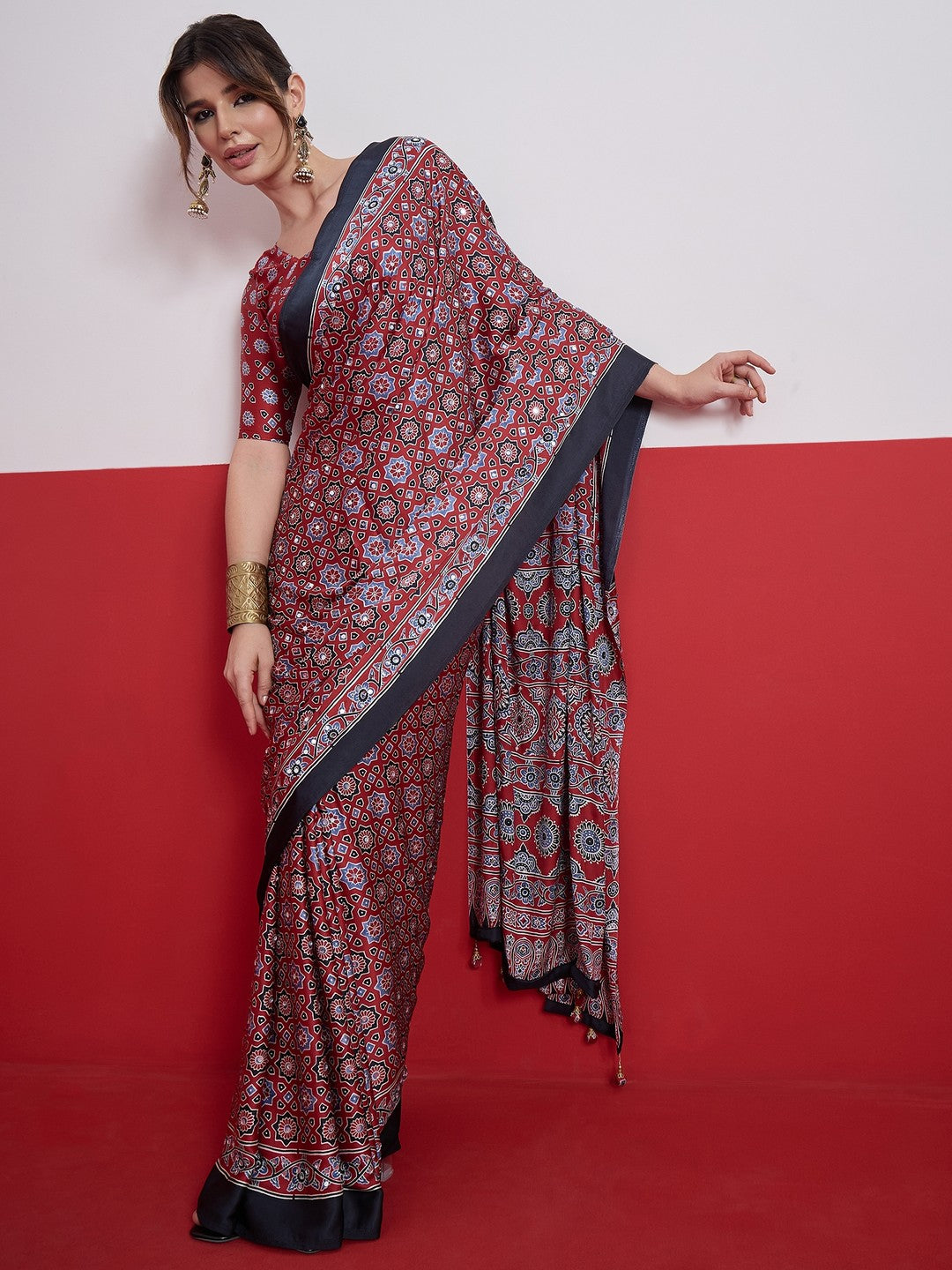 Peachmode Red Semi Modal Saree with Mirror Work - Image 6
