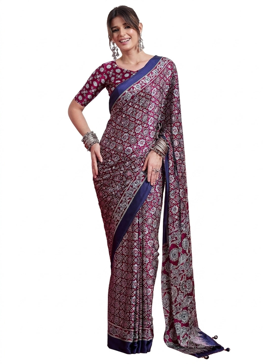 Peachmode Wine Semi Modal Saree with Mirror Work - Image 9