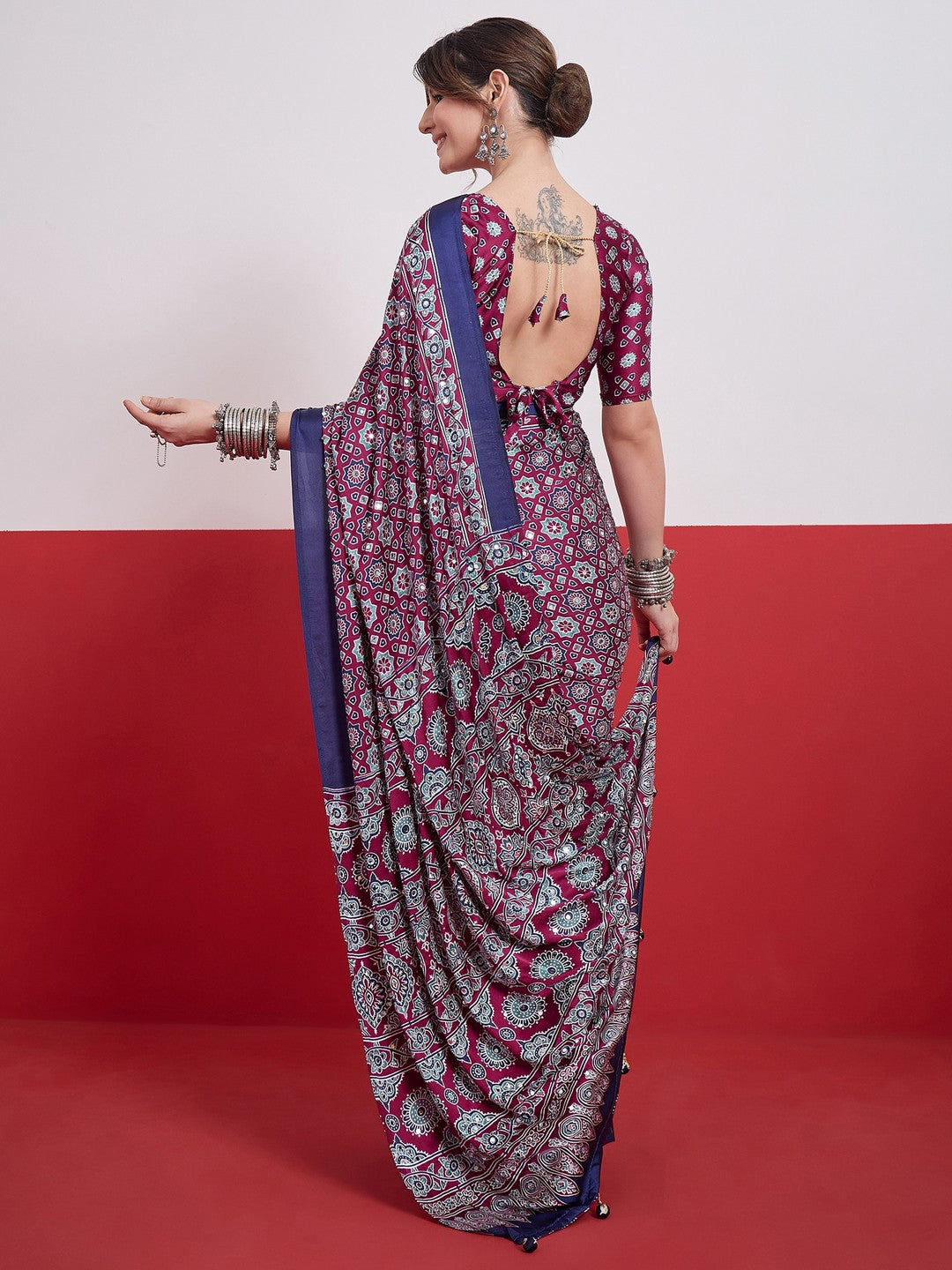 Peachmode Wine Semi Modal Saree with Mirror Work - Image 3