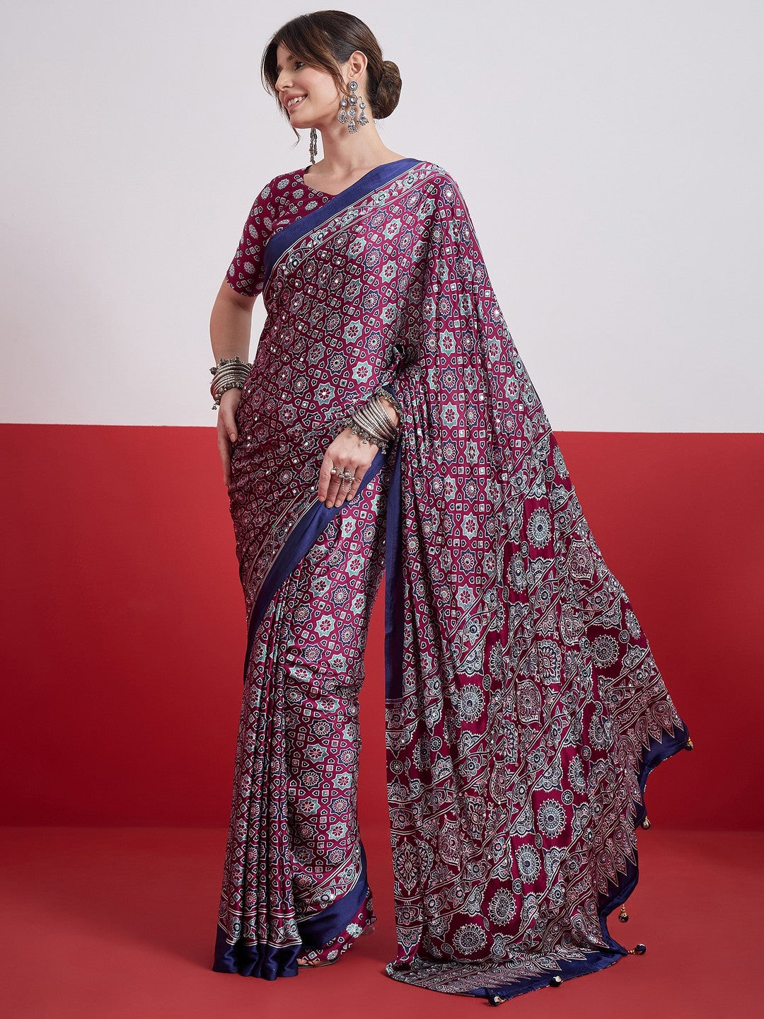 Peachmode Wine Semi Modal Saree with Mirror Work - Image 4