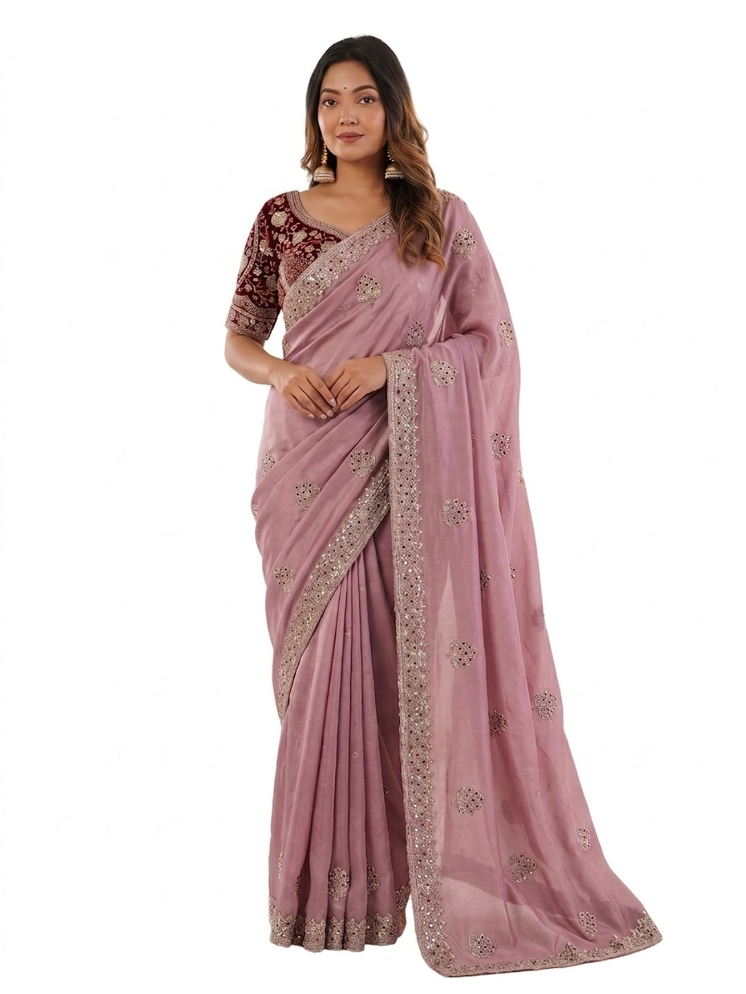Peachmode Pink Fandy Satin C-Pallu Embroidered Saree with Sequence Cut Work Border - Image 9