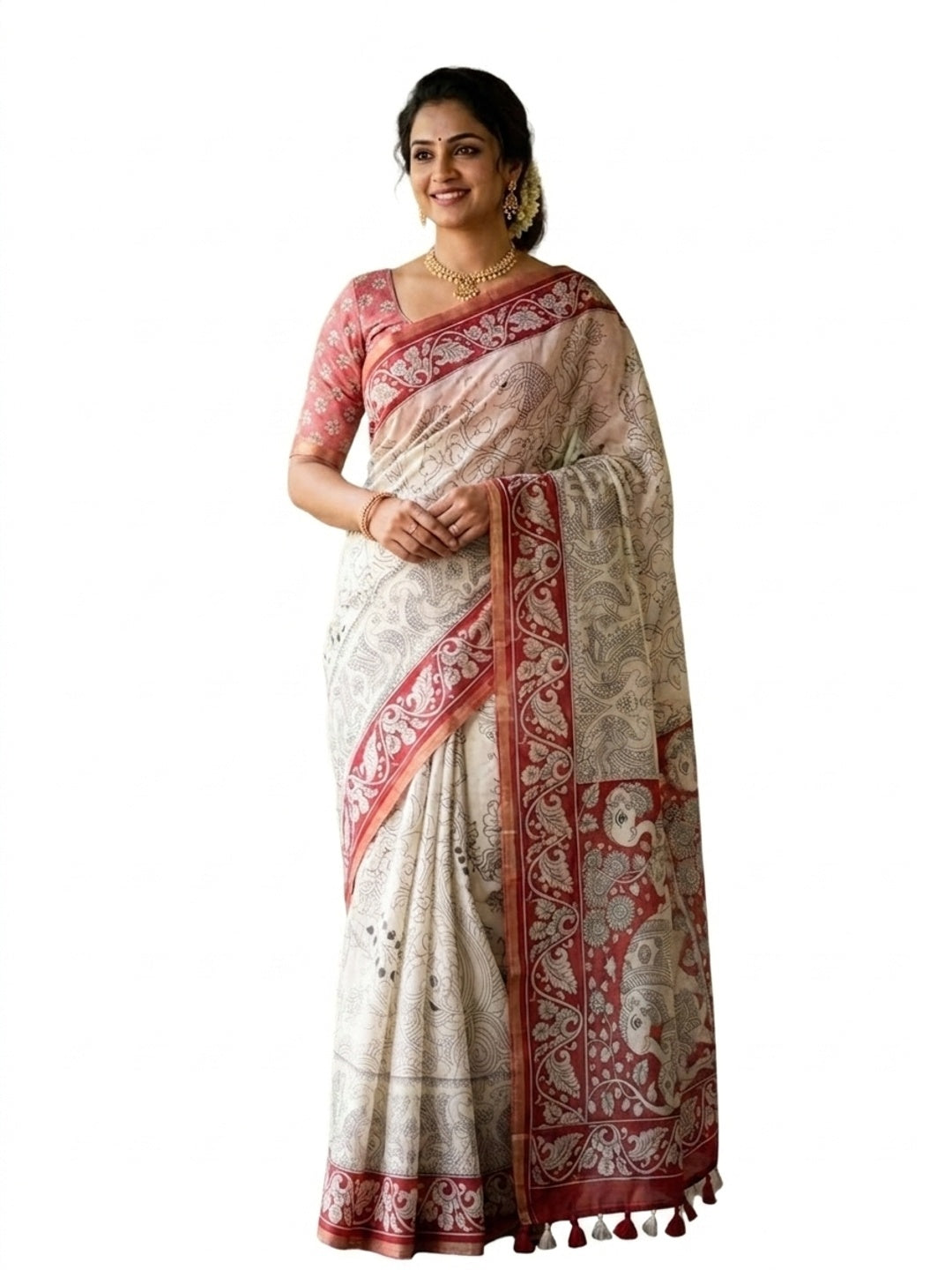 Peachmode Off White Linen Cotton Saree with Red Printed Border - Image 7