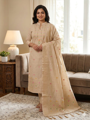 Chikoo Floral Woven Chanderi Dress Material - Image 1
