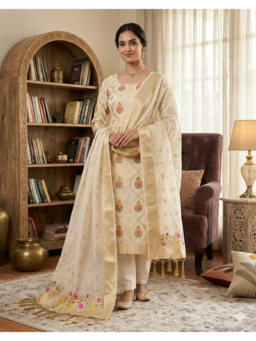Off White Floral Woven Chanderi Dress Material - Image 1