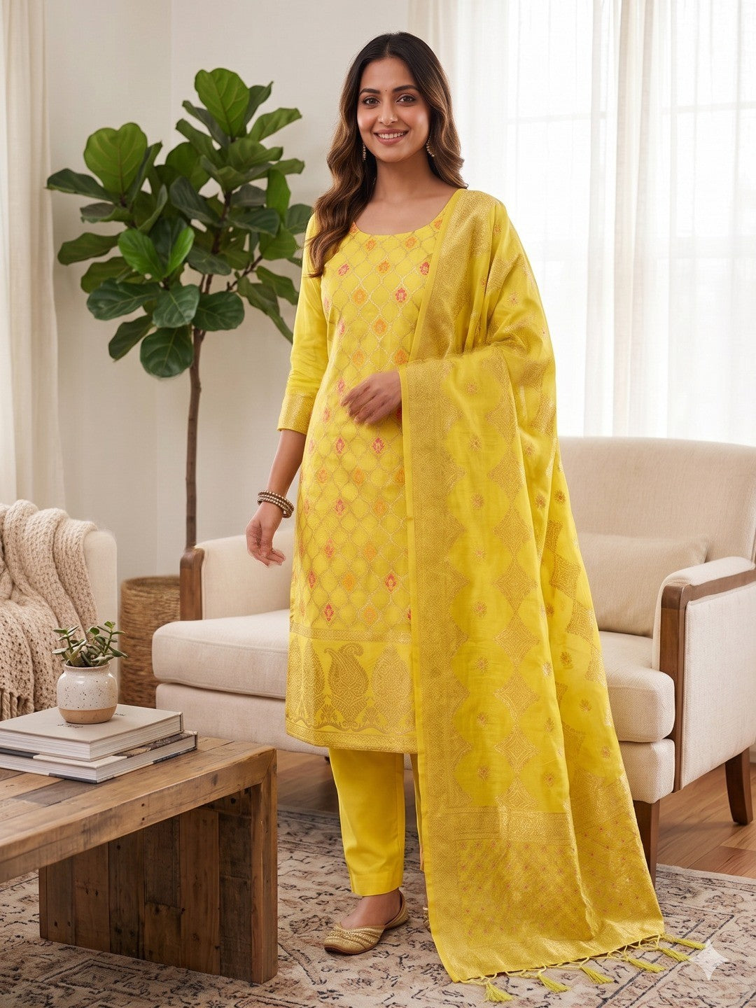 Yellow Woven Chanderi Dress Material - Image 1