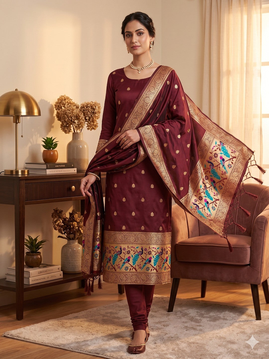 Maroon Floral Zari Woven Banarasi Silk Dress Material - Image 1