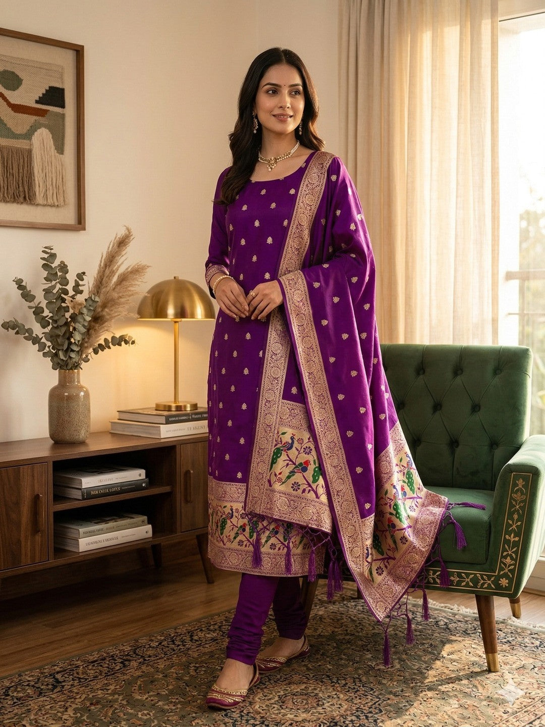 Purple Floral Zari Woven Banarasi Silk Dress Material - Image 1