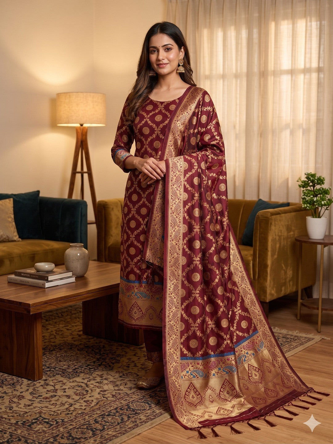 Maroon Zari Woven Banarasi Silk Dress Material With Elegant Floral Motifs - Image 1