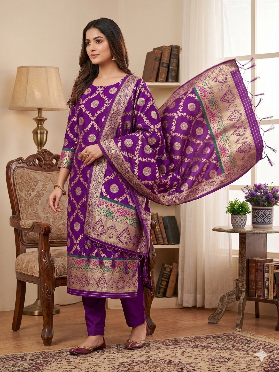 Purple Zari Woven Banarasi Silk Dress Material With Elegant Floral Motifs - Image 1